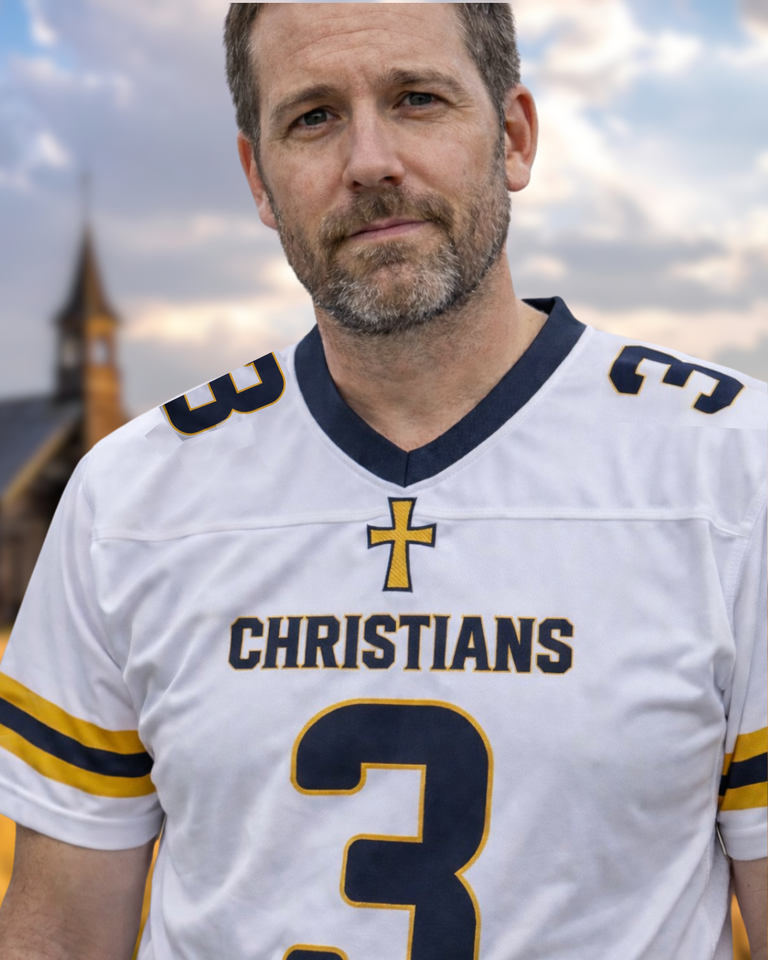 Man wearing a sports jersey with 'Christians' and number '3' against a cloudy sky.