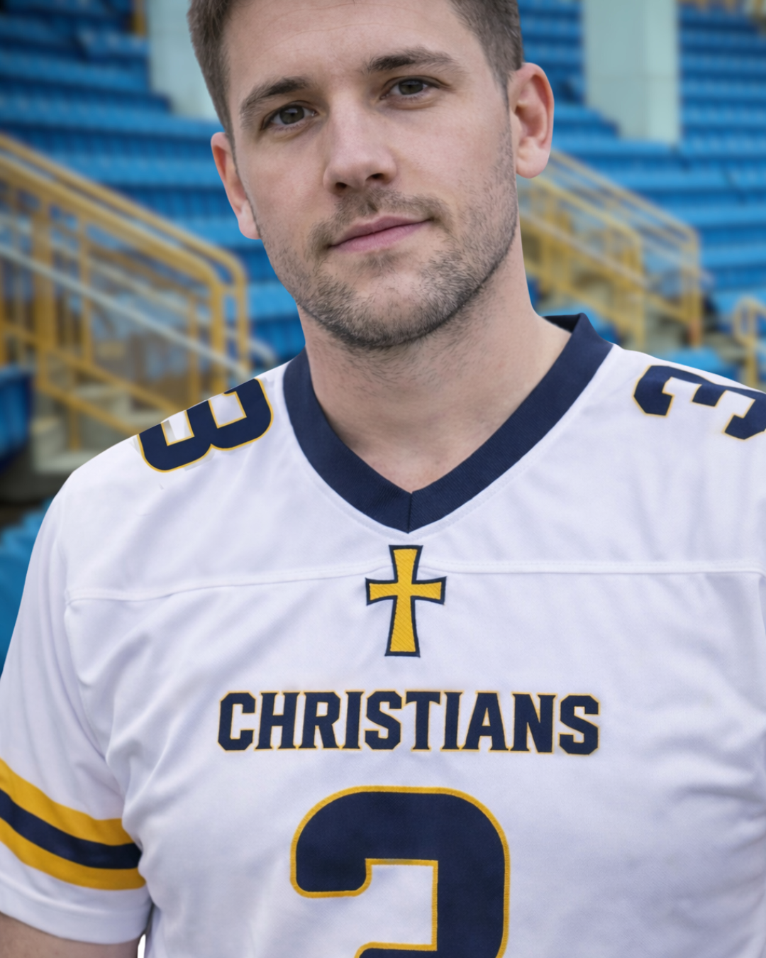 Man wearing a sports jersey with 'Christians' and number 3 on a stadium background