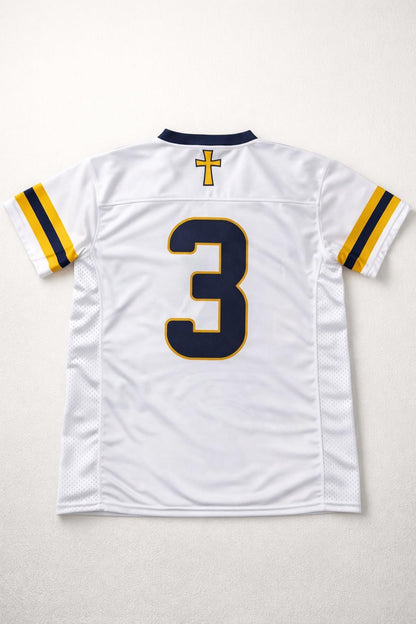 White sports jersey with number 3 and yellow accents on a white background