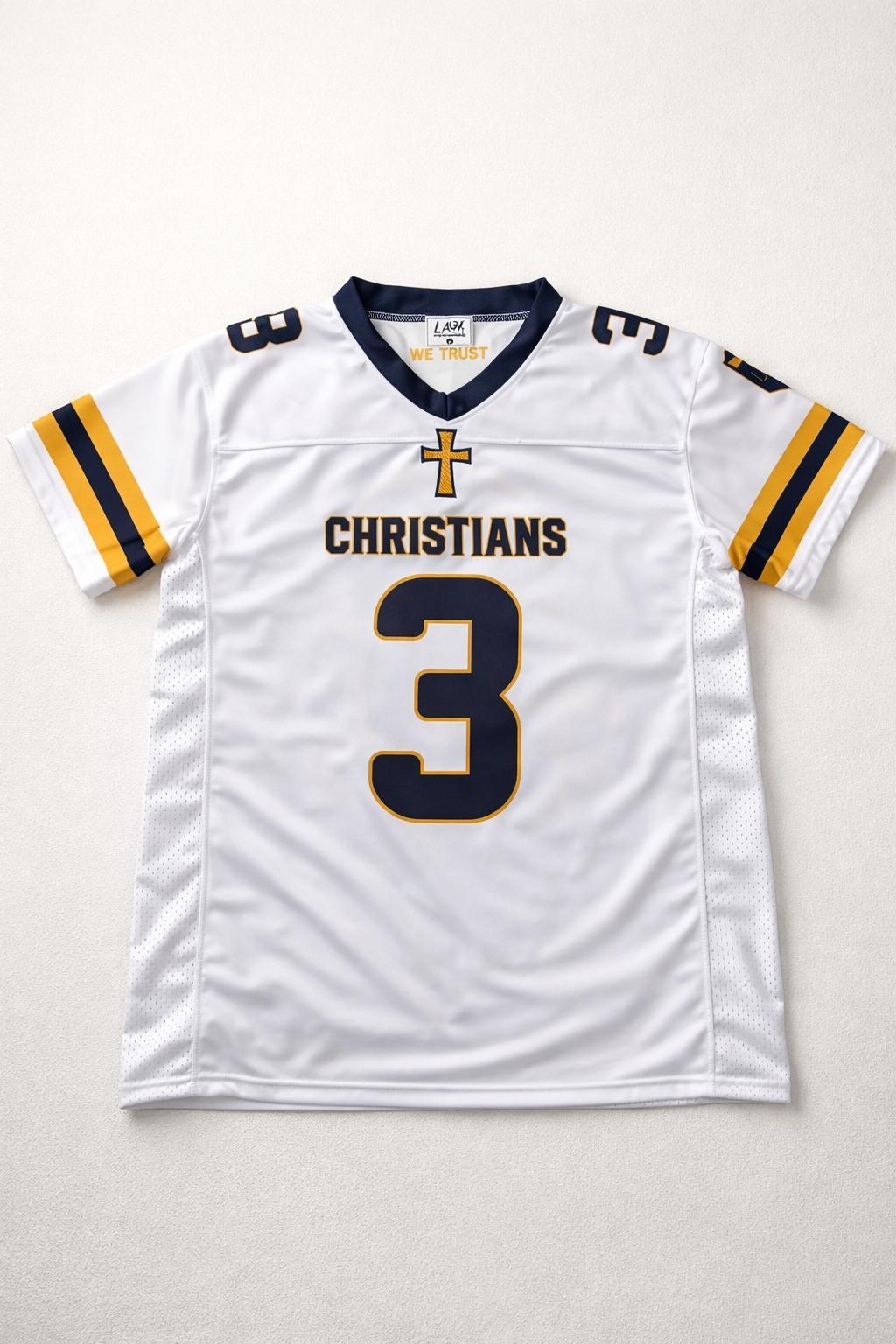 White sports jersey with number 3 and word 'Christians' on a white background