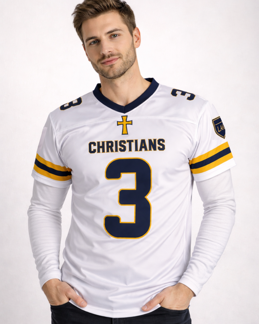 Man wearing a white sports jersey with number 3 and word 'Christians'