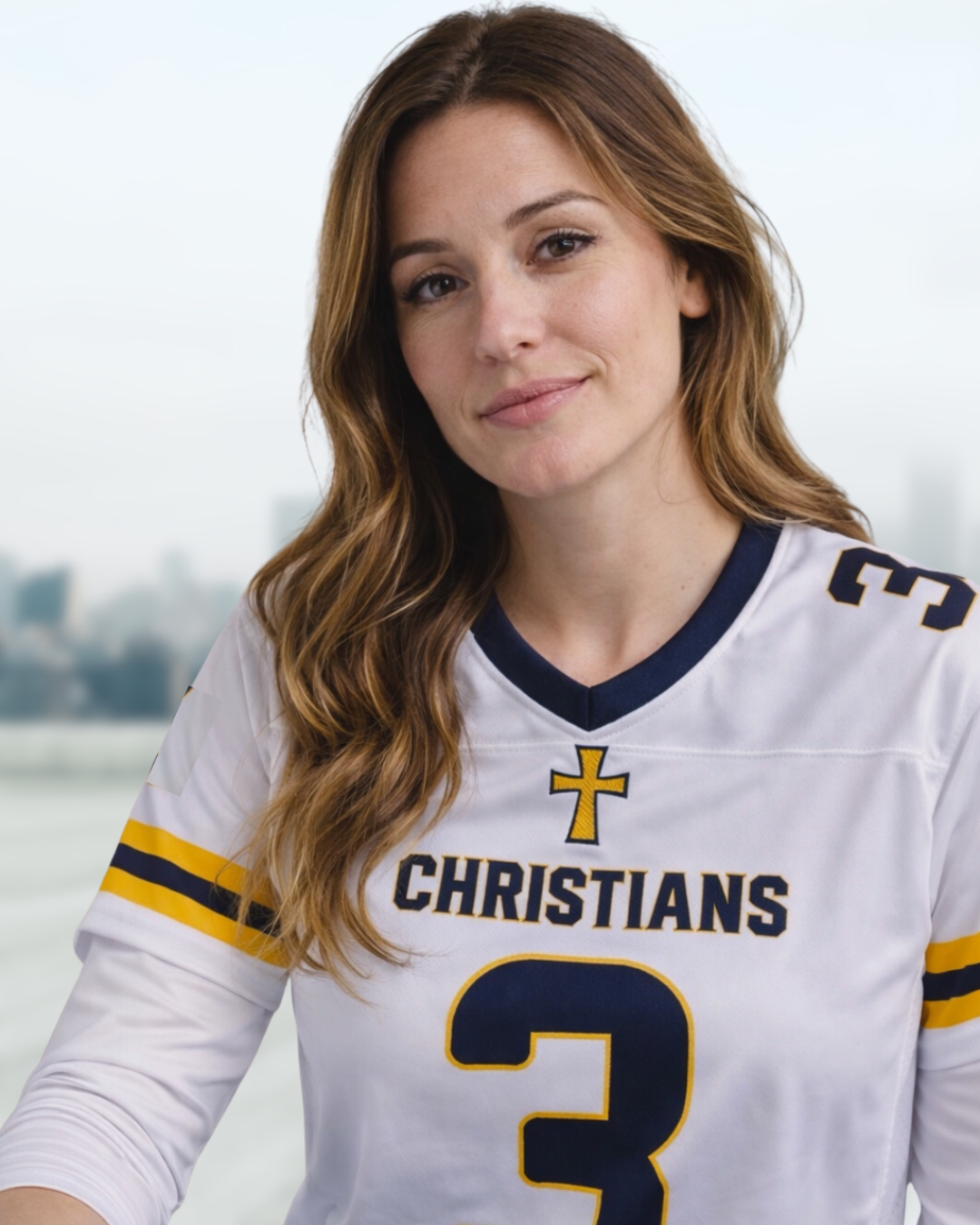 Woman wearing a sports jersey with 'Christians' and number '3' on a blurred cityscape background