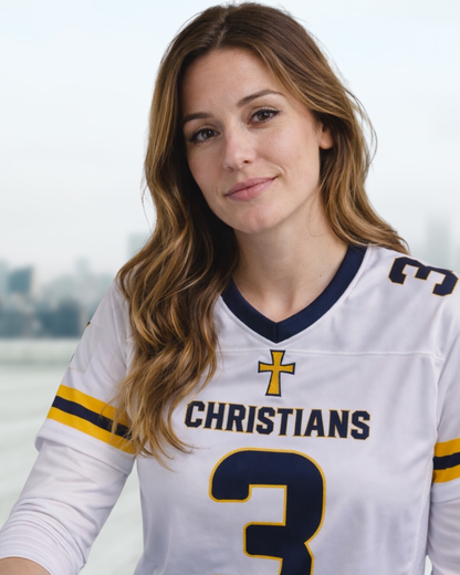 Woman wearing a sports jersey with 'Christians' and number '3' on a blurred cityscape background