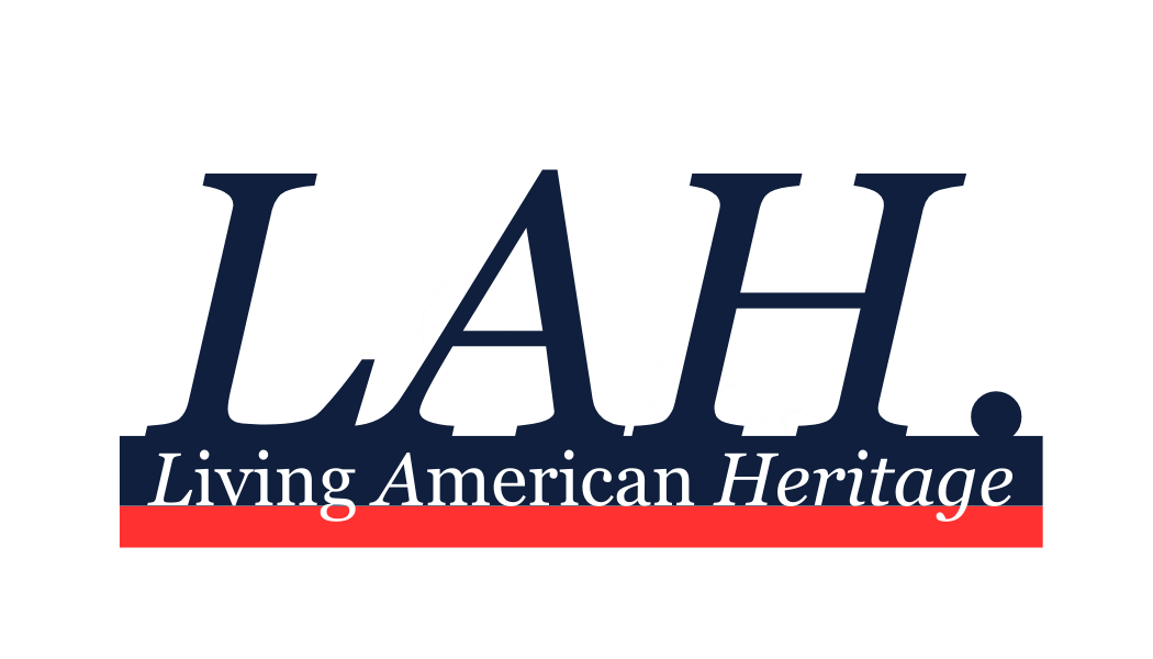 Logo for Living American Heritage with 'LAH.' in blue and 'Living American Heritage' in white on a red bar.