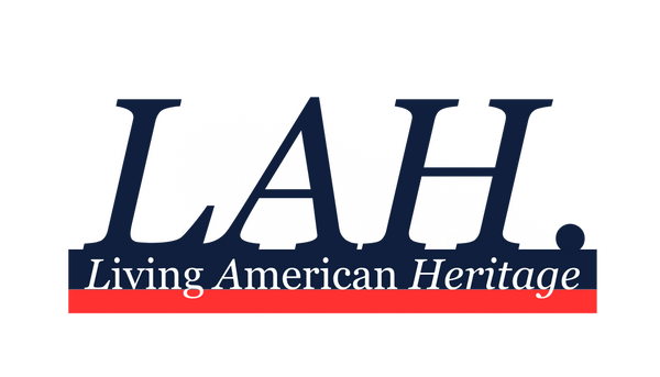 Logo for Living American Heritage with 'LAH.' in blue and 'Living American Heritage' in white on a red bar.