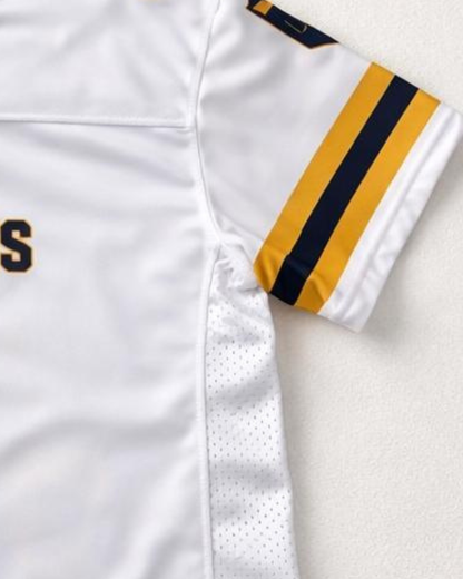White sports jersey sleeve with black and gold accents on a white background